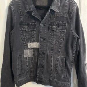 True Religion Punk Patchwork Jimmy Black Denim Trucker Jacket Size L MSRP $269